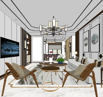 新中式住宅室内精品场景 客厅 餐厅